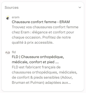 Panneau des sources de la réponse de Perplexity, vague 4, 7 octobre 2026, à la question « chaussure de confort fabriquée en France ». Deux sources y sont affichées, toutes deux des sites de marques : eram.fr (page Chaussure confort femme, ERAM) et fld.fr (FLD, chaussure orthopédique, médicale, confort et pied sensible). La réponse recommande Eram, FLD (Adour, Bruman, Pulman), 1083 et Bocage.