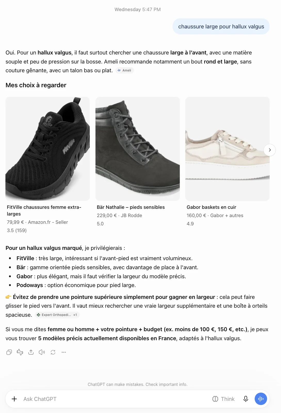 Capture d'écran de ChatGPT (Luna 5.6), vague 4, 7 octobre 2026, question « chaussure large pour hallux valgus ». La réponse recommande FitVille, Bär, Gabor et Podoways ; la fiche produit Bär est vendue par JB Rodde.