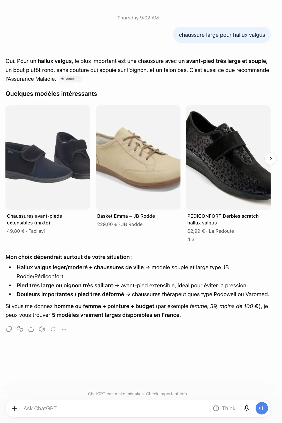 Capture d'écran de ChatGPT (Luna 5.6), vague 5, 8 octobre 2026, même question « chaussure large pour hallux valgus ». La réponse recommande Facilavi, JB Rodde, Pédiconfort, Varomed et Podowell.
